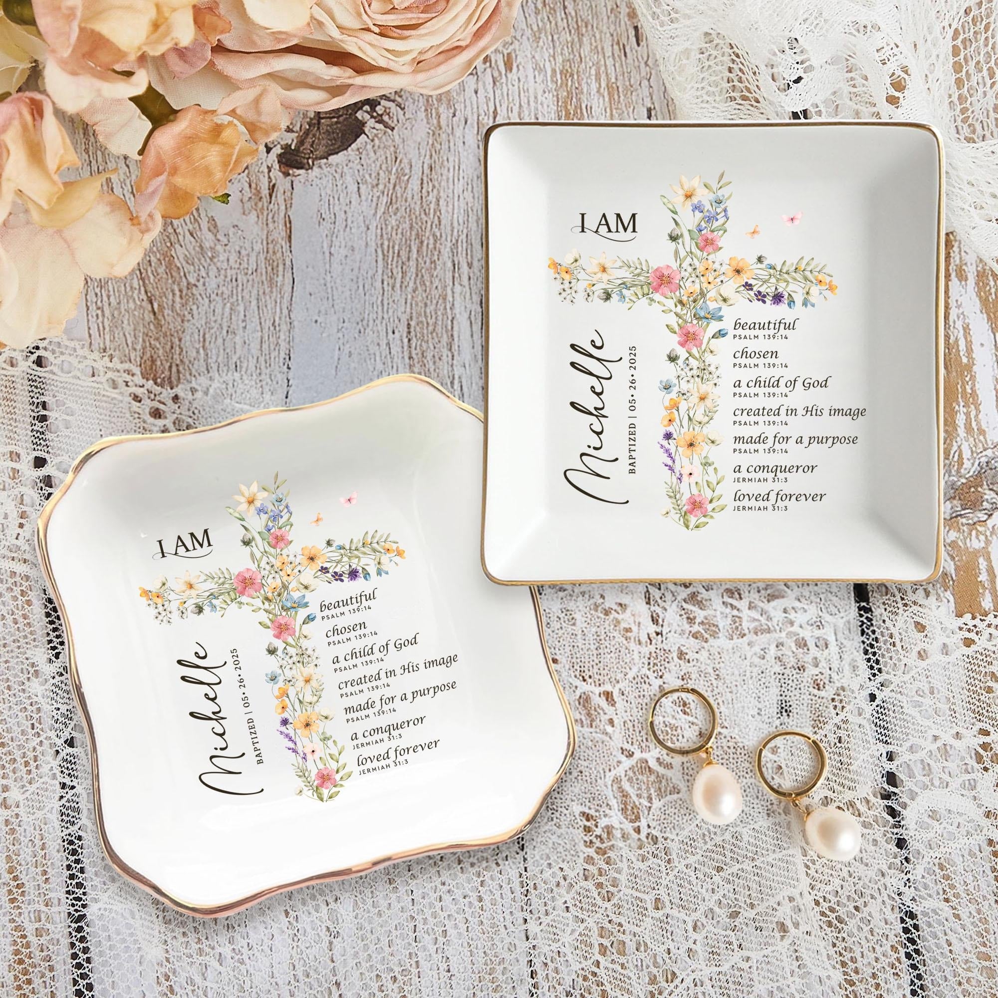 Personalized Christian Jewelry Dish, Baptism Gift Ring Dish, Bible Verse Tray With Floral Cross, Confirmation Gift, Religious Faith Home Decor JDLAF08